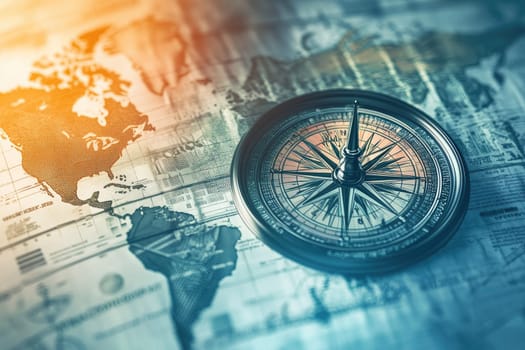 A vintage compass rests on an intricately designed world map, symbolizing exploration and adventure with a nostalgic touch and beautiful color gradients.