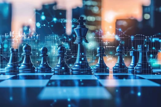 A dynamic chess scene with a king and pawns symbolizes strategic business decisions, set against an abstract urban city background representing data and analytics challenges.