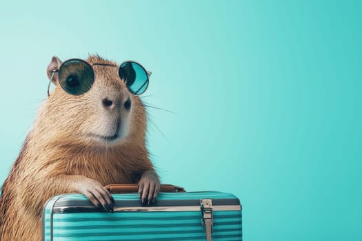 A charming rodent wearing stylish sunglasses leans on a vintage suitcase, set against a vivid turquoise backdrop, evoking a sense of fun and upcoming adventures.