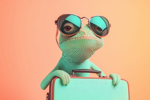 A whimsical chameleon wearing stylish sunglasses poses with a suitcase, embodying a fun spirit and adventurous vibe against a vibrant pastel background.