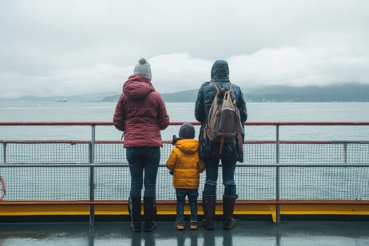 A family stands on a ferry, gazing at the serene water and distant mountains, dressed warmly for a cool day, capturing a moment of togetherness and adventure.