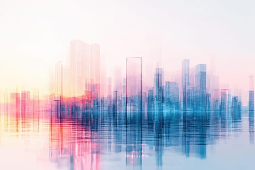 Stunning abstract depiction of a vibrant city skyline at sunrise, showcasing blurred effects and colorful reflections on water, evoking a peaceful and modern atmosphere.