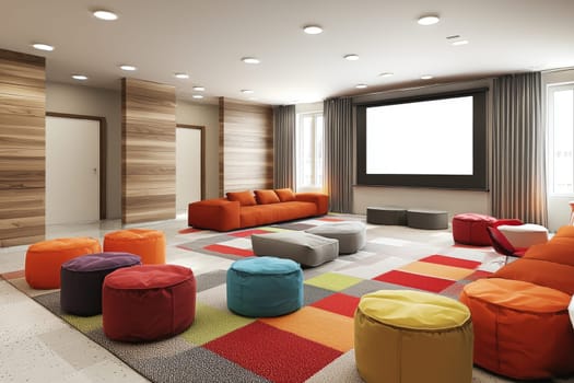 A vibrant and inviting creative space designed for team gatherings, featuring colorful bean bags, modern furniture, and a large projection screen for effective presentations.