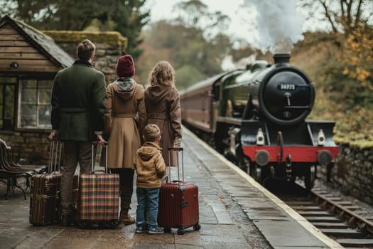 A family stands at a vintage train station, waiting for a steam locomotive. They hold luggage, surrounded by autumn colors, capturing a moment of adventure and nostalgia.