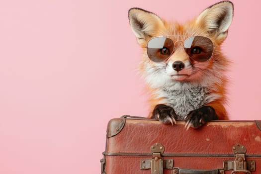 A charming fox wearing sunglasses leans on a vintage suitcase, set against a soft pink background, capturing a playful spirit perfect for travel and adventure themes.