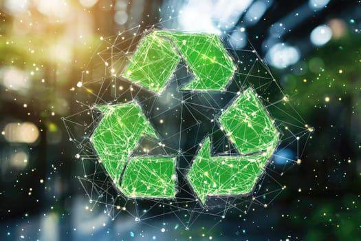 A creative digital representation of a green recycling symbol with interconnected lines and dots set against a blurred natural backdrop, emphasizing sustainability and ecological responsibility.