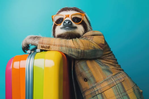 This charming sloth wearing sunglasses and a fashionable suit leans against a vibrant suitcase, creating a fun and playful ambiance perfect for travel-themed imagery.