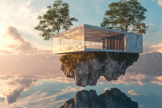 Stunning modern floating house reflects on calm waters, surrounded by majestic mountains and lush greenery, showcasing innovative design and serene natural beauty.