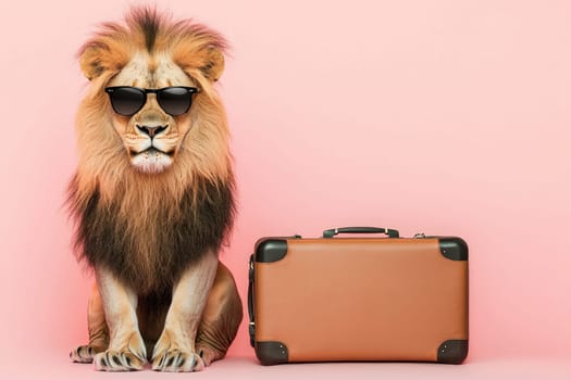 Enter the whimsical world of travel with this charming lion donning sunglasses beside a stylish suitcase, set against a vibrant pink backdrop, perfect for adventurous themes.