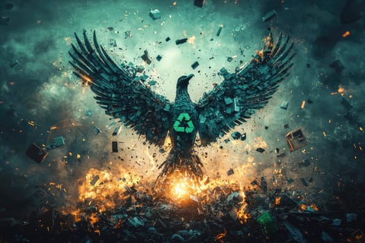 A striking image of a powerful eagle emerging from a field of debris, showcasing a green recycling symbol, representing hope, strength, and environmental awareness in a visually captivating scene.