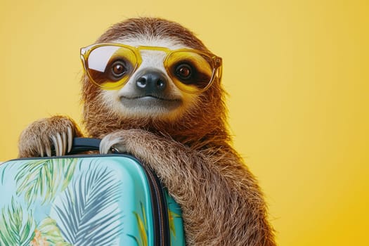A fun and engaging sloth wearing stylish sunglasses poses with a tropical luggage, set against a bright yellow backdrop, ideal for conveying travel and leisure themes.
