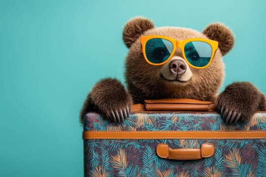 A playful bear wearing bright sunglasses leans over a vibrant suitcase, symbolizing fun travel vibes and summer adventures in a cheerful turquoise setting.
