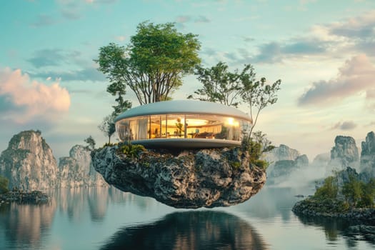 A stunning, modern floating house surrounded by trees and nature, resting on a serene lake, complements the tranquil mountains and softly drifting clouds in the background.