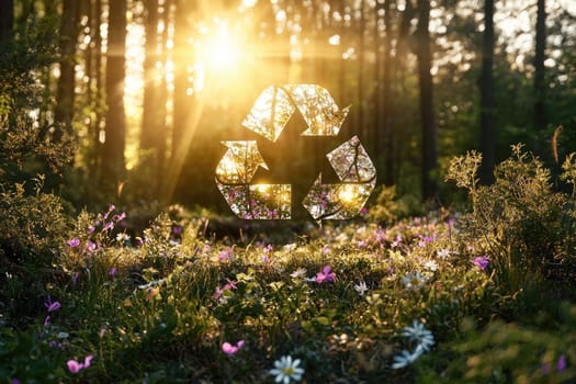 A serene forest scene showcasing the recycling symbol amidst lush greenery and colorful flowers, illuminated by gentle sunlight, highlighting nature's beauty and sustainability.