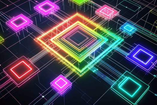 A vibrant and colorful abstract geometric illustration featuring neon squares and connecting lines on a dark background, ideal for digital design and modern art applications.