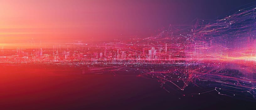 A mesmerizing abstract digital landscape showcasing a futuristic city skyline illuminated by vibrant colors, capturing the essence of technology and connectivity in urban life.