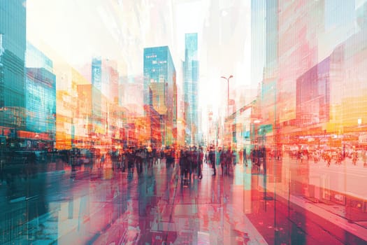 A busy urban scene featuring striking skyscrapers and vivid colors, representing the energy and motion of contemporary city life through abstract effects and light reflections.