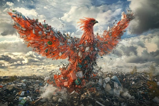 This captivating image features a phoenix constructed from waste materials, symbolizing resilience amid environmental degradation and the urgent need for sustainability.