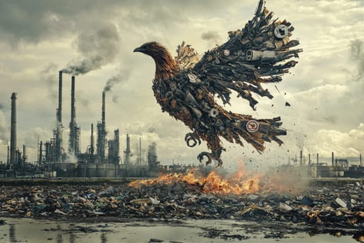 This striking image depicts a phoenix constructed from urban waste, symbolizing rebirth and hope amidst industrial pollution and environmental decay.