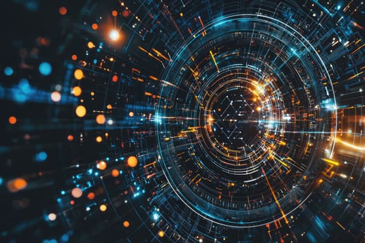 Dynamic abstract digital background featuring circular patterns and glowing lights, perfect for conveying technology, innovation, and futuristic themes in visual projects.