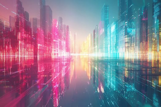 This stunning cityscape showcases a vibrant urban environment illuminated by neon lights, creating dynamic reflections on water, embodying a modern and futuristic aesthetic.
