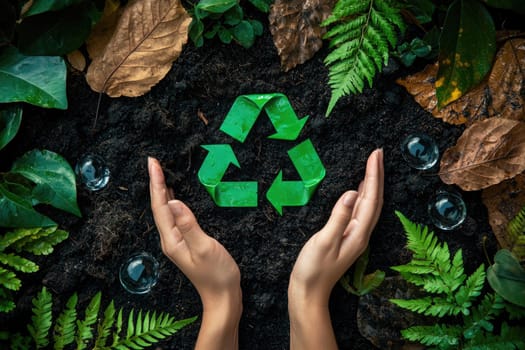 A visual representation of environmental stewardship featuring hands cradling a green recycling symbol amidst lush foliage and rich soil, inspiring eco-consciousness and sustainable living practices.