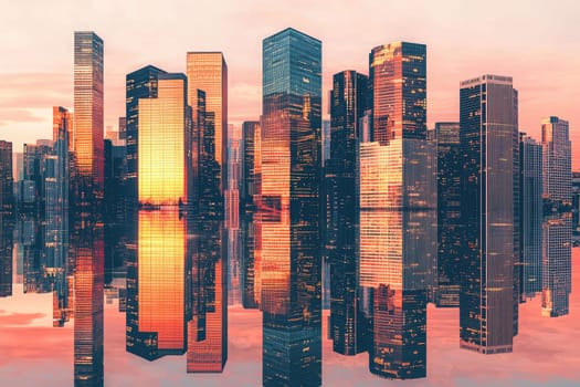 Experience a captivating sunset over a modern city skyline, where glass buildings reflect vibrant colors on the water, creating a mesmerizing urban landscape at dusk.