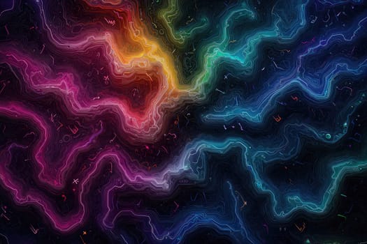 This abstract image features vibrant swirls of color on a black background. Bright neon lines flow gracefully, creating a sense of energy and movement that captivates the viewer's imagination.