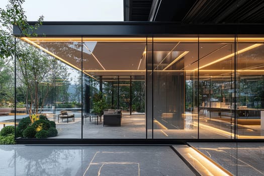 Stunning modern architecture highlights the interplay of glass and light, creating a harmonious space that blends indoor comfort with outdoor tranquility and lush surroundings.