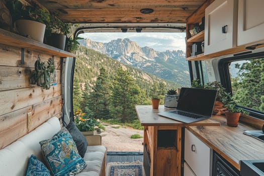 Explore a tranquil van interior showcasing wooden shelves and lush plants, framed by breathtaking mountain views, perfect for a remote work getaway in nature.
