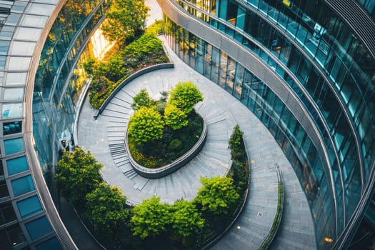 This captivating aerial view showcases a modern architectural design featuring curved pathways surrounded by lush greenery and sleek glass buildings, creating a serene urban oasis.