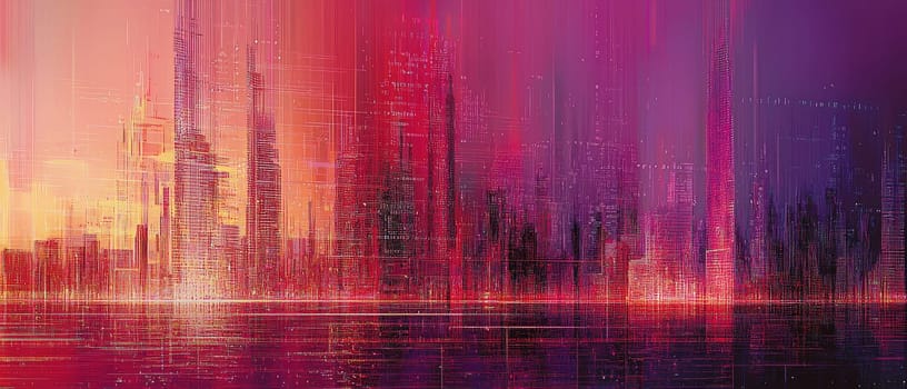A vibrant and abstract illustration of a futuristic city skyline at sunset, showcasing technology merging with nature, perfect for creative and modern design applications.