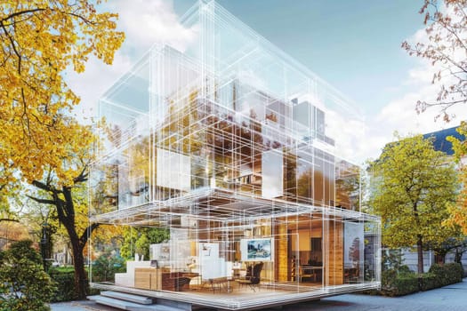 Explore a captivating modern architectural design concept showcasing a transparent house enveloped by vibrant autumn trees, merging innovative design with natural beauty.