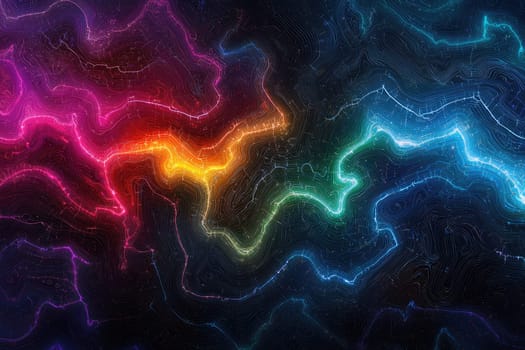 A stunning abstract representation featuring vibrant wave patterns illuminated by neon colors on a deep black background, perfect for modern design projects and digital artwork.