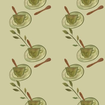 A small green tea cup with a gilded spoon stands on a saucer surrounded by delicate green twigs. Vintage style. Seamless watercolor pattern on a light olive green background for tablecloth or packaging design