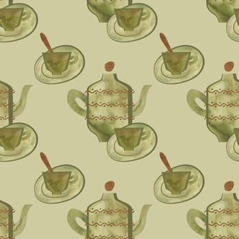 Small green tea cup with gilded spoon and teapot with gold decor. Vintage style. Seamless watercolor pattern on light olive green background for tablecloth or packaging design