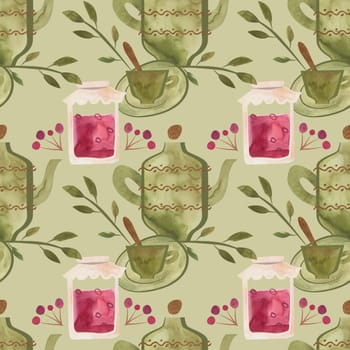 Vintage olive green porcelain service with gold painting and a jar of jam surrounded by delicate green branches with leaves and red berries. Seamless watercolor pattern on a colored background for design or packaging