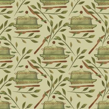 Olive green butter dish for natural farm butter. Gold decor and gilded butter knife. Breakfast. Vintage style. Seamless watercolor pattern on light olive green background for tablecloth or packaging design