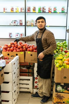 store organic standing shop business market food seller man vegetables retail sale people