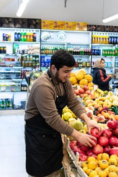 buying shopping man caucasian groceries organic people food market vegetable selling seller vegan