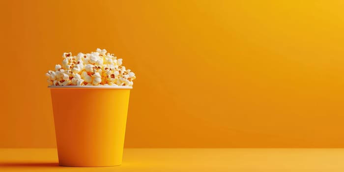 Minimalistic popcorn bucket banner on vibrant yellow background for movie night.