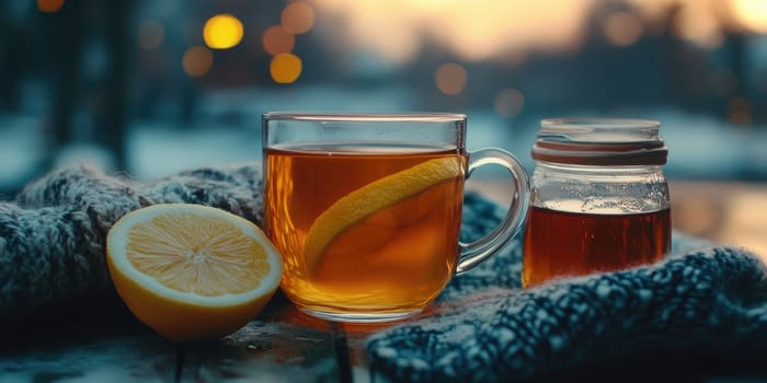Cozy winter evening with lemon tea and honey warmth and comfort for relaxation and wellness.
