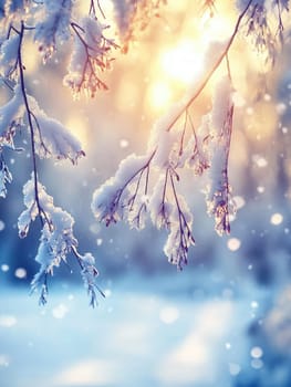 Serene winter morning light on snow covered tree branches.