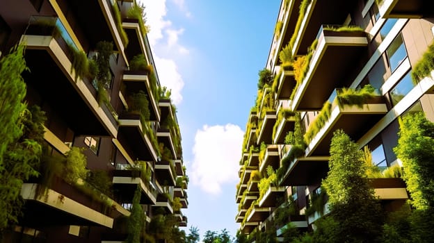 A tall building featuring numerous balconies that are beautifully adorned with a variety of lush, green plants, creating a vibrant urban atmosphere