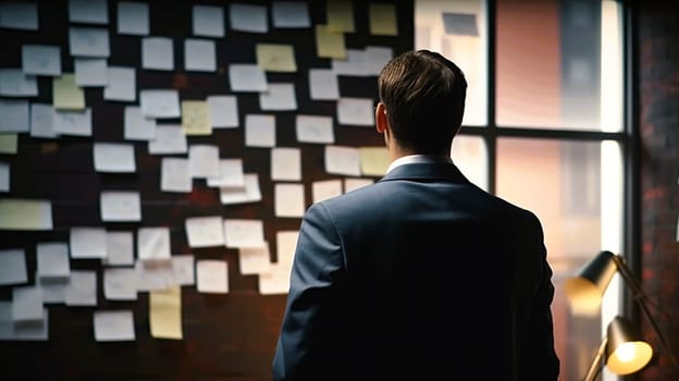 A man dressed in a tailored suit is standing in front of a wall that is completely covered in colorful sticky notes of various sizes