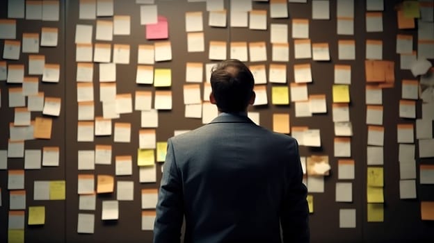 A man dressed in a tailored suit is standing in front of a wall that is completely covered in colorful sticky notes of various sizes