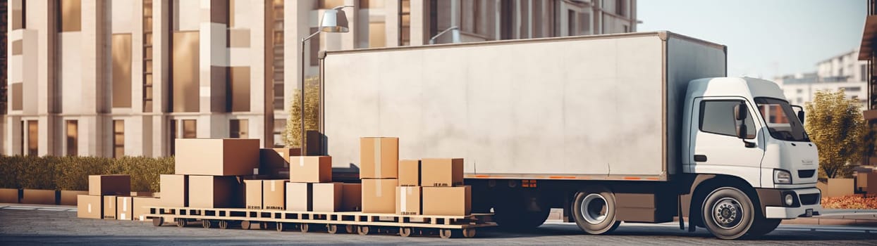 A white delivery truck is parked in front of a building that is filled with numerous cardboard boxes stacked up for convenience and organization. Banner.