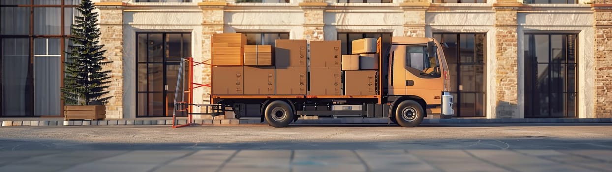 A white delivery truck is parked in front of a building that is filled with numerous cardboard boxes stacked up for convenience and organization. Banner.