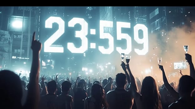 Huge crowd is partying outdoors under a countdown clock, cheering with raised hands, and holding glasses of champagne