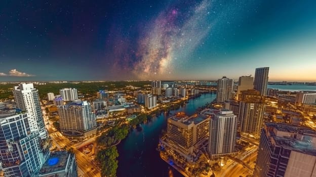 A stunning aerial view of a vibrant city skyline at night, illuminated buildings along a winding river, with a starry sky and the Milky Way visible above.